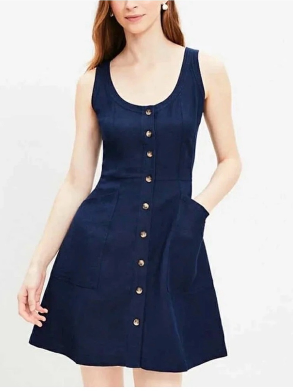 LOFT Navy Linen Blend Scoop Neck Mini Pocket Dress Size 8